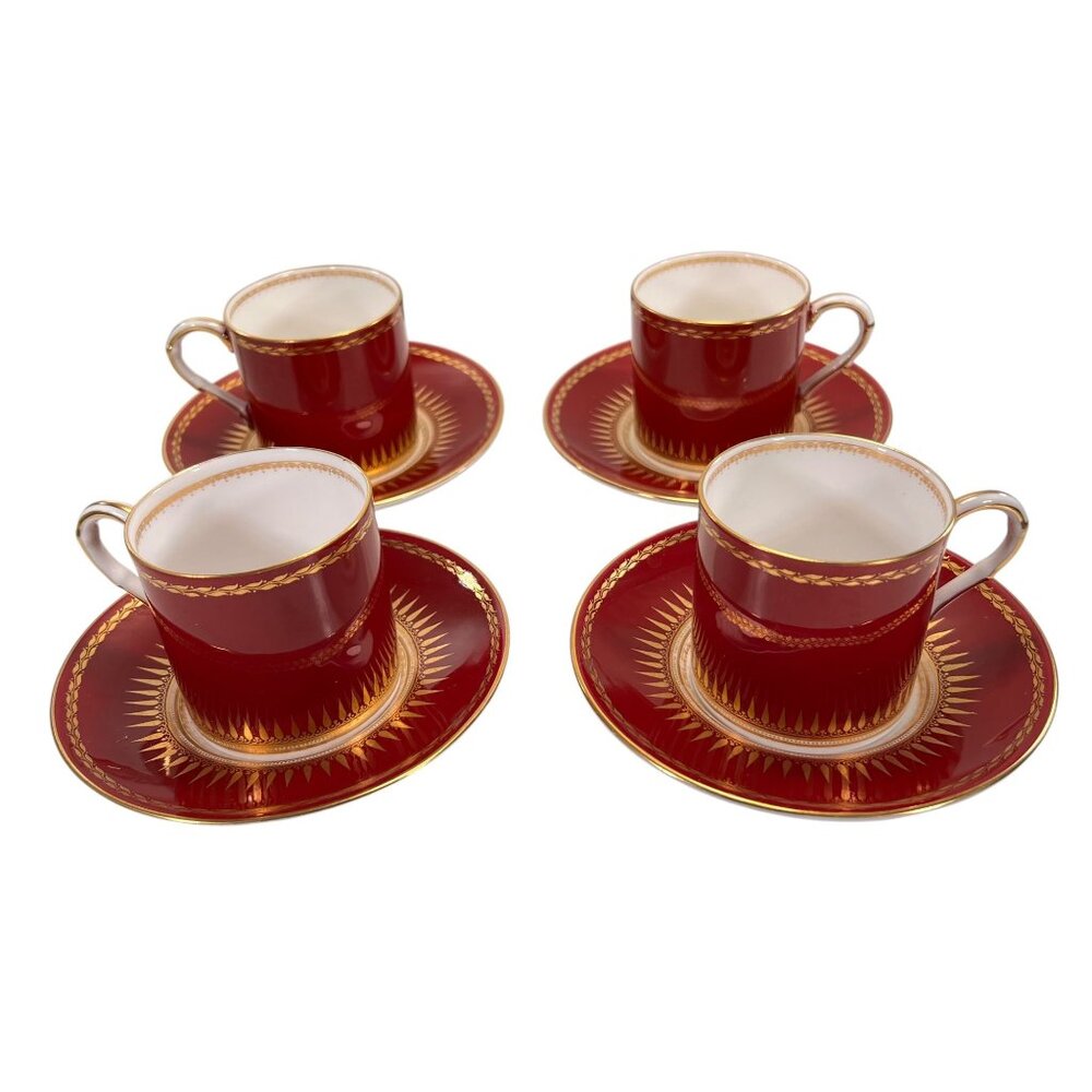 Royal Worcester Regency Red Espresso Demitasse Cups Saucers Sunburst Set Of 4 - Picture 2 of 16